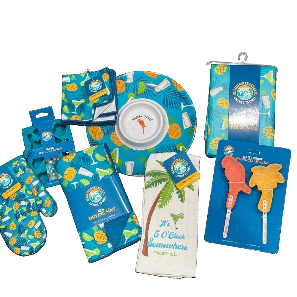 Margaritaville NEW 8pc Kitchen Set Tablecloth Dip Tray Towels Ice Mold Tropical